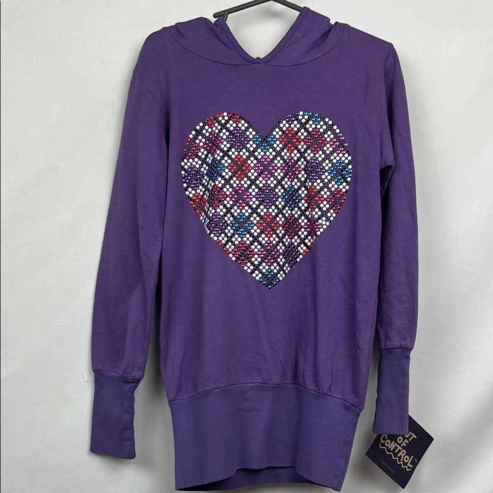 Out of Control Purple cotton hooded pullover with heart size small NWT
